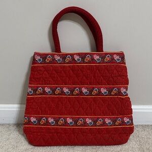 Vintage Retired Vera Bradley Red Quilted Tote with Floral Accents